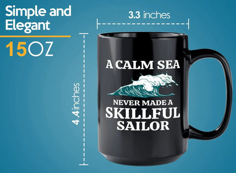 15oz Black Sailor Coffee Mug For Boaters And Sailors Dope Morning On The Go Coffee Cup Nautical Gift showing Calm Sea design