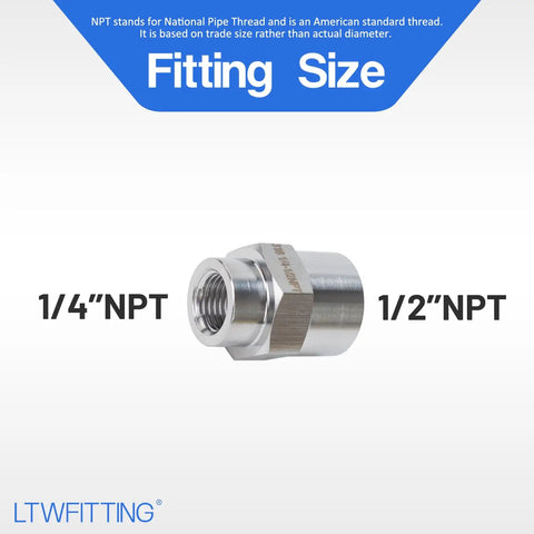 Stainless Steel 316 Female Reducing Pipe Fitting 1/2 Inch To 1/4 Inch NPT For Water, Air, And Fuel Lines, Heavy Duty