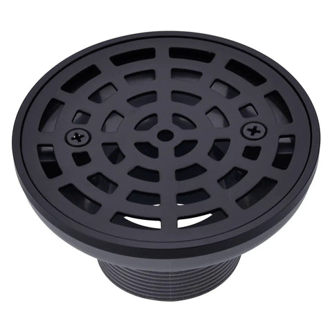 Close-up of a Four And A Quarter Inch Round Shower Drain in Matte Black Stainless Steel with Included Drain Flange Kit for high flow bathroom use