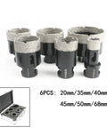 Six Piece Diamond Hole Saw Kit For Granite Marble Porcelain Tile Stone Brick Vacuum Brazed Core Bits 20mm 35mm 40mm 45mm 50mm 68mm with case