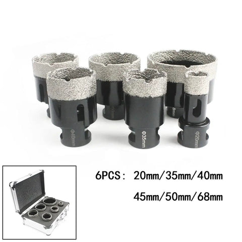 Six Piece Diamond Hole Saw Kit For Granite Marble Porcelain Tile Stone Brick Vacuum Brazed Core Bits 20mm 35mm 40mm 45mm 50mm 68mm with case
