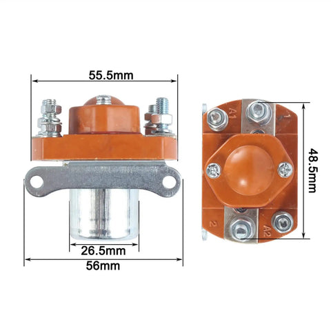 Heavy-Duty 50A DC Contactor Relay Built Tough For Electric Vehicles And Winches showing dimensions and connector details.