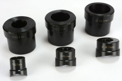 Die set from Heavy Duty Metal Stud Punch Kit with three die set for 0.875 in, 1.125 in, and 1.34375 in holes, 20 gauge steel punching.