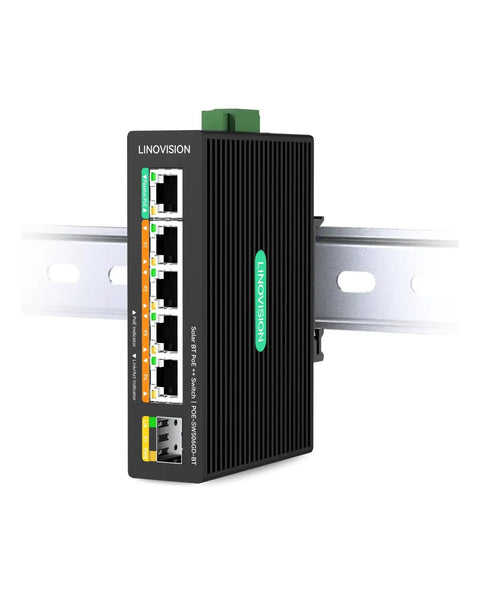 Beefy Five Port Gigabit PoE Switch With DC12V Input on metal rack; four BT90W PoE Plus ports for lighting, one 24V port for access points