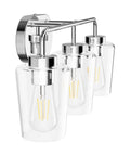Three Light Industrial Style Bathroom Vanity Fixture In Stainless Steel Chrome Finish With Clear Glass Shades For Farmhouse Bath Lighting And Easy Wall Mount Installation, side angle view