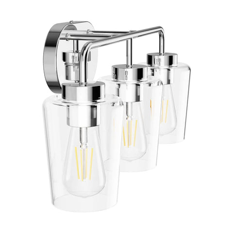 Three Light Industrial Style Bathroom Vanity Fixture In Stainless Steel Chrome Finish With Clear Glass Shades For Farmhouse Bath Lighting And Easy Wall Mount Installation, side angle view