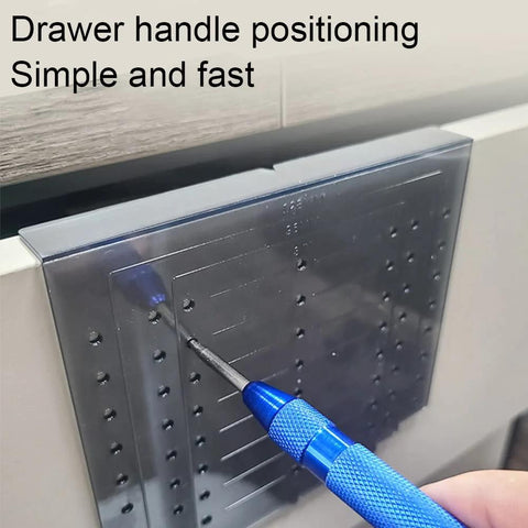 Silver Cabinet Handle Template Tool For Quick Marking And Drilling Of Cabinet Knobs And Pulls with alignments on drawer
