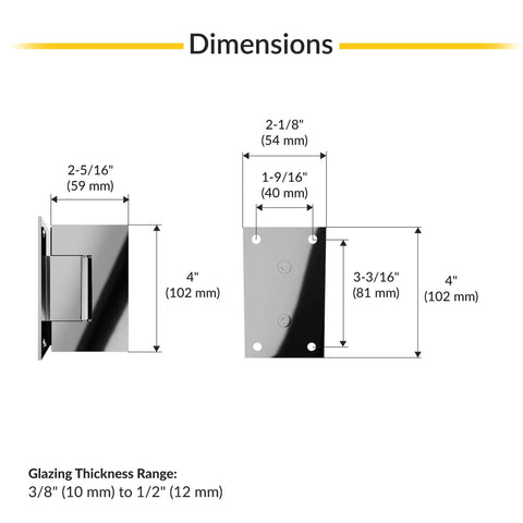 Wall Mount Full Back Plate Brass Hinge With 5 Degree Preset Polished Chrome For Glass Panels dimensions and measurements