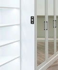 Ultra Thin Black Magnetic Cabinet Door Catch Latches 12 Pack Stainless Steel Furniture Magnets installed on white cabinet.