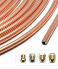 Close-up of 25 Feet Three Sixteenth Inch Copper Brake Line Kit With 16 Inverted Flare Fittings Zinc Plated Copper Tubing Universal Kit