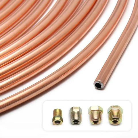 Close-up of 25 Feet Three Sixteenth Inch Copper Brake Line Kit With 16 Inverted Flare Fittings Zinc Plated Copper Tubing Universal Kit