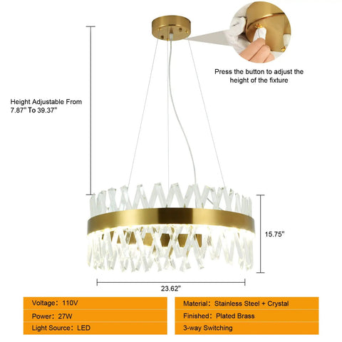 Gold Crystal Chandelier Modern Round Pendant Light With 3 Way Switch LED Crystal Lighting, 23.6 Inch Diameter, Height Adjustable