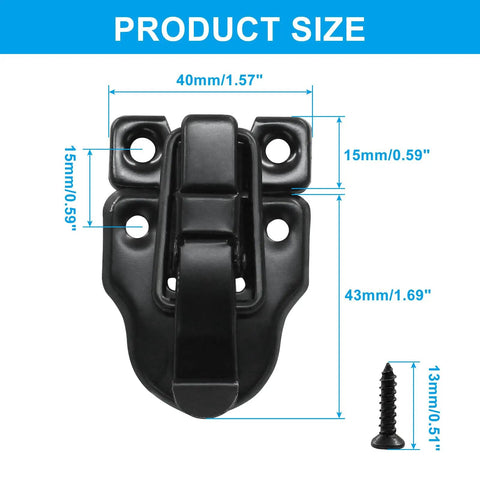 Four Pack Retro Black Box Toggle Latch With Padlock Hole, black latch shown with dimensions; heavy-duty iron with brass finish.