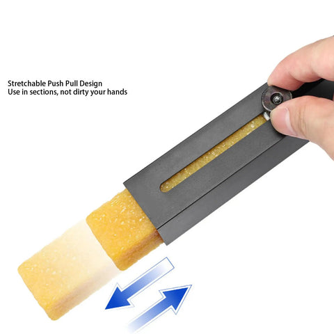 Hand using Pro Grade Natural Rubber Sandpaper Cleaning Stick with telescoping debris eraser for sanding belts and discs.