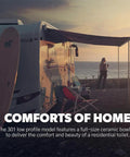 RV with awning by the sea, highlighting Low Profile Toilet With Full Size Residential Seat And Triple Jet Bowl Rinse Gravity Flush.