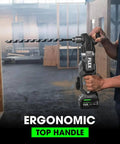 Pro Grade 24V Brushless Cordless Right Angle Drill Thumping Out 1680 In Lbs Torque with ergonomic top handle for easy use.