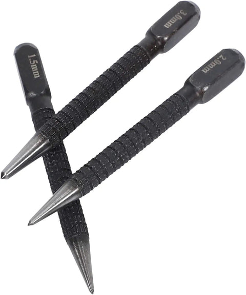 Premium High Carbon Steel Center Punch Set Black Finish Heavy Duty Marking Tools For Alloy Steel Metal Wood Drilling Jigs With Killer Precision And Tough As Nails Construction, showing three center punches with different tip sizes.