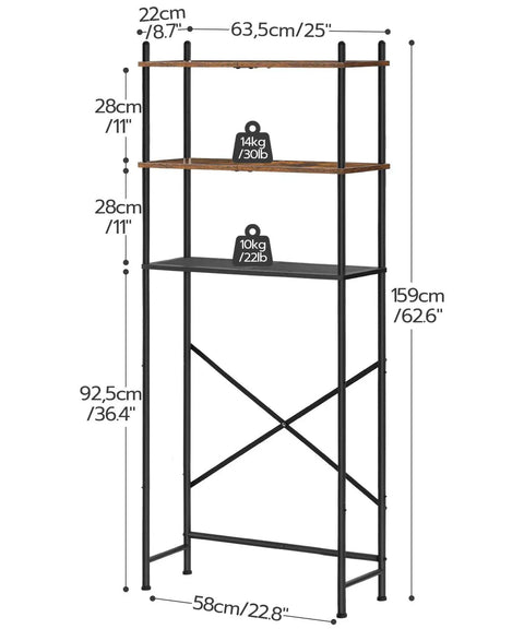 Over The Toilet Storage Organizer 3 Tier Freestanding Bathroom Shelf With Adjustable Feet Space Saving Easy Assembly Rustic Brown And Black Finish Keeps Toiletries Neatly Stored And Accessible In Small Bathrooms with detailed dimensions.