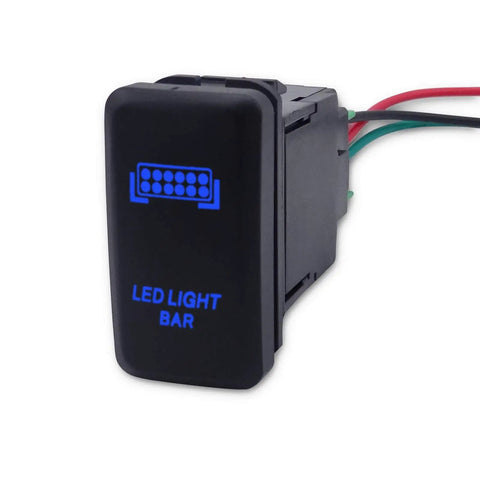 Toyota LED Push Switch With Blue Backlit Kit for dashboard control, black ABS with blue LED light bar icon and wires