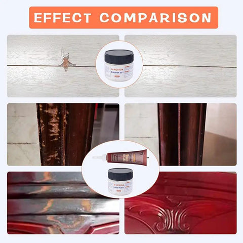 Before and after comparison of All In One DIY Ready Wood Repair Kit With 18 Color Resin Fillers for scratches on wood surfaces.