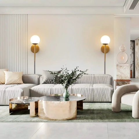 Living room with Mid Century Modern Globe Wall Sconce Set Of Two, Brushed Brass Finish With Frosted White Glass Globes, retro decor.