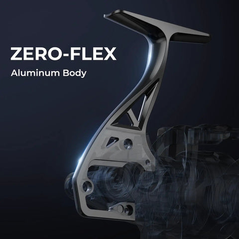 Zero-flex aluminum body of Megatron Spinning Fishing Reel Size 6000 for freshwater and saltwater with geometric bionic design.