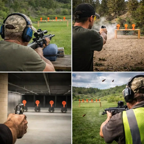 AR500 Steel Shooting Target 12 Inch Auto Reset Popper For Outdoor Range Training in use by shooters at different angles