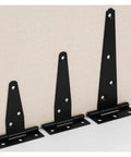 Heavy Duty Black Iron T Shaped Hinges Galvanized Rust Resistant Barn Door Hardware For Sheds Cabinets in three sizes on a surface.