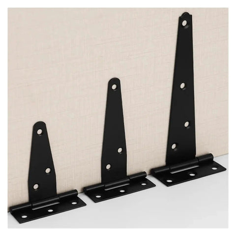 Heavy Duty Black Iron T Shaped Hinges Galvanized Rust Resistant Barn Door Hardware For Sheds Cabinets in three sizes on a surface.