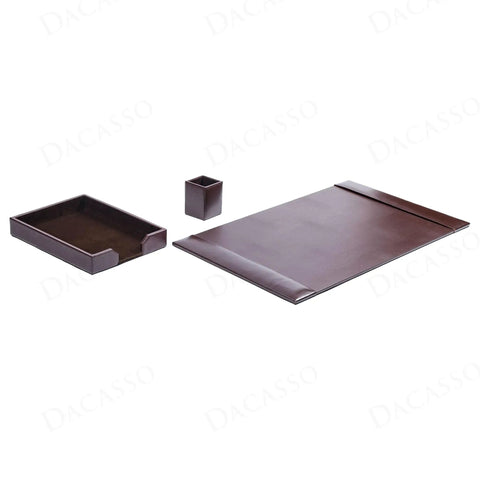 Brown Bonded Leather Desk Set With Blotter Pad And Desk Organizer For Premium Office Vibe, Boss Level Organization, Surface Protection, And Executive Decor.