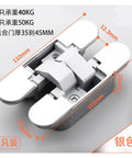 Hidden Hinge 180 Degree Adjustable Invisible Hinge For Wooden Doors 35 to 45mm Thick Silver Finish with measurements