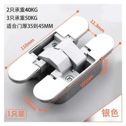 Hidden Hinge 180 Degree Adjustable Invisible Hinge For Wooden Doors 35 to 45mm Thick Silver Finish with measurements