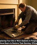 arrccholiy wood stove gasket being installed by technician; door panel removed, gasket rope on floor.