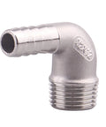 Side view: stainless steel 90-degree elbow with 1/2-inch hose barb and 1/2-inch male NPT thread.