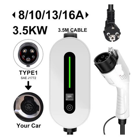 Portable 3.5Kw Ev Charger With 16A Type 1 Sae J1772 Connector showing charging status and cable details.