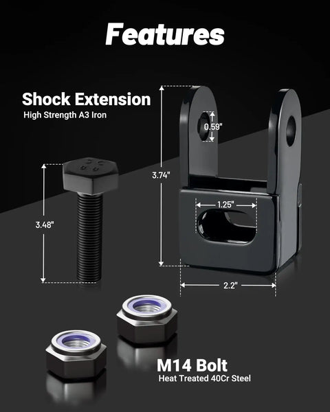 Hella Sturdy Two Inch Front Leveling Lift Kit For Ford F250 And F350 Super Duty 4WD includes shock extension and M14 bolts.