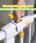 Close-up of hand using double locking system on adjustable baby gate for doorways and stairs 30 to 51.5 inches walk through gate.