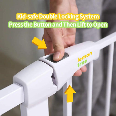 Close-up of hand using double locking system on adjustable baby gate for doorways and stairs 30 to 51.5 inches walk through gate.