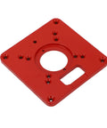Boss Level Red Aluminum Alloy Router Table Insert Plate With Sweet Slick Surface And Dead Eye Alignment Scale Markings Plus Heavy Duty Guide Rings For Easy Woodworking Bench Upgrades, top view showing flat machined surface and alignment holes.