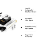 Ultra Precise 50g Digital Milligram Scale With 0.001g Readout For Reloading, Compact Black Powder Scale Must Have 20g Calibration Weight And Accessories, Pro Grade Multiunit Weighing In G Oz Ozt Dwt Ct Gn, Tare And Piece Counting, USB Or Battery with accessories displayed