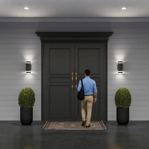 Dusk To Dawn Outdoor Porch Light With Sensor, Aluminum Waterproof Wall Sconce on house exterior, evening setting