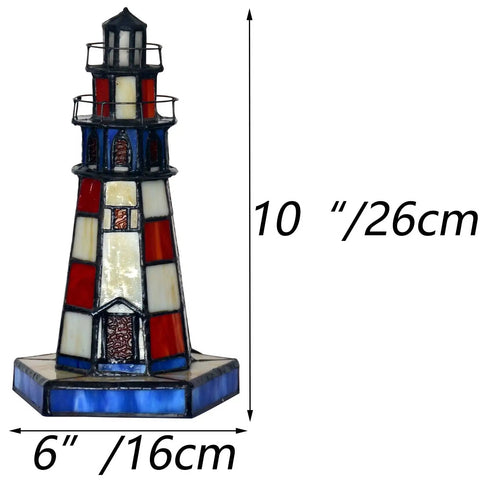 Lighthouse Tiffany Style Stained Glass Table Lamp Night Light For Home Decor, 6x6x10 Inch Red Finish, E12 Bulb Included