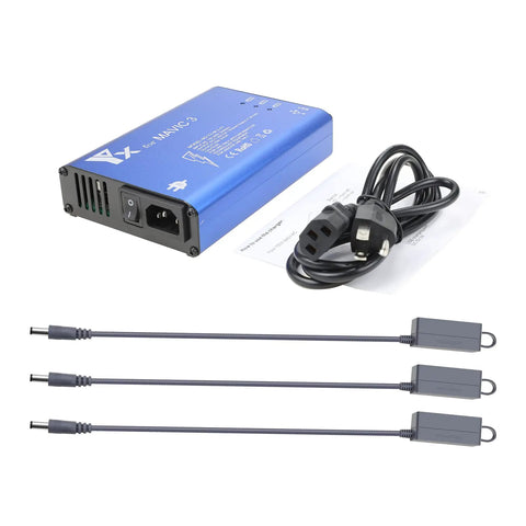 Time Saving Three Battery Go-To Charger Hub for DJI Mavic 3 Series Drones Pro Cine Classic Enterprise With Remote Controller Fast Charge In About Ninety Minutes All In One On Off Switch Lets You Power All At Once blue charging hub with cables