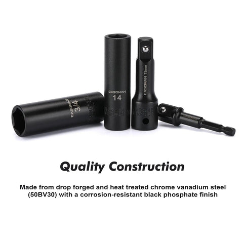 Deep 1/2 Inch Drive Impact Socket Set, Metric And SAE, 6 Point, Cr-V Steel, 12mm To 24mm, Components Displayed