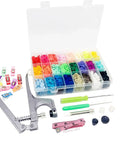Snaps And Snap Pliers Set With 1440 T5 Plastic Buttons, 360 Sets, Includes 10 Sewing Clips And 1 Measuring Tape, Pro Grade Snap Fasteners Kit For Sewing, Clothing, Crafting, Diapers And Bibs displayed in open case
