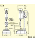 Grab And Go Portable Hardness Tester With Professional Grade Manual Test Bench dimensions and specifications diagram in mm.