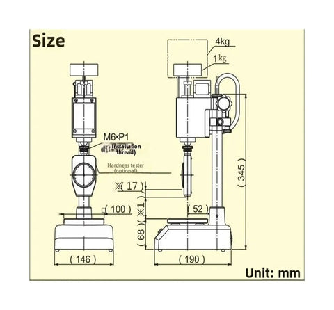 Grab And Go Portable Hardness Tester With Professional Grade Manual Test Bench dimensions and specifications diagram in mm.