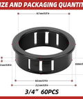 60 Pack Three Quarters Inch Round Cable Grommets Snap In Bushing Black High Temp PA66 Nylon Wear Resistant Protective Grommet Set With Inner Diameter 0.57 Inch And Mounting Diameter 0.74 Inch, 3/4 in, 60 pcs