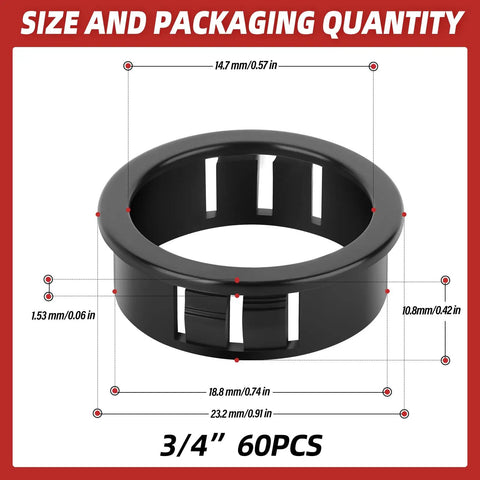 60 Pack Three Quarters Inch Round Cable Grommets Snap In Bushing Black High Temp PA66 Nylon Wear Resistant Protective Grommet Set With Inner Diameter 0.57 Inch And Mounting Diameter 0.74 Inch, 3/4 in, 60 pcs