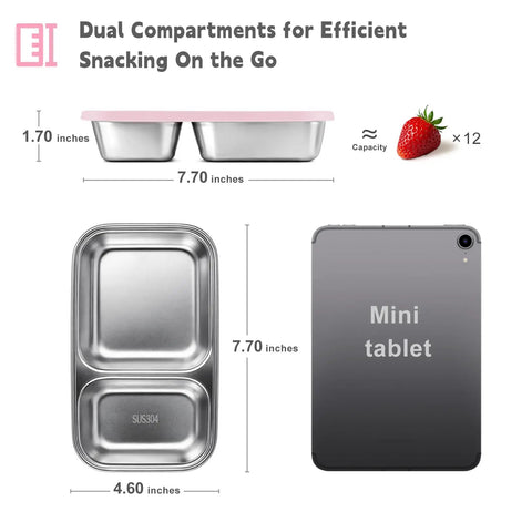 Three Pack Stainless Steel Snack Containers With Silicone Lids, Dual Compartment Design, Stackable Lunch Boxes size comparison